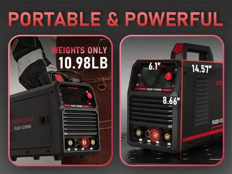 3 In 1 135 Amp MIG Welder With Flux Core 110V IGBT Inverter showing dimensions of 6.1" x 8.66" x 14.57" and weight 10.98 lbs