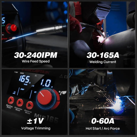 165A 4 In 1 MIG TIG MMA Welder Dual Voltage 110V 220V with LED Display showing welding adjustments and performance capabilities