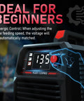 Close-up of LED display on 3 In 1 135 Amp MIG Welder With Flux Core 110V IGBT Inverter, highlighting ideal settings for beginners.