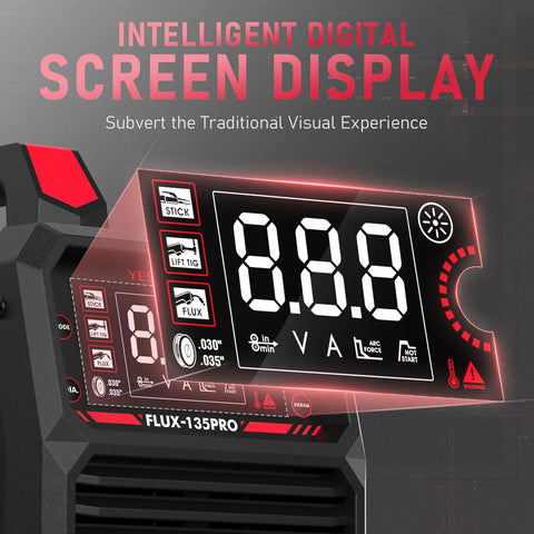 Close-up of LED display on 3 In 1 135 Amp MIG Welder With Flux Core 110V IGBT Inverter showing settings for Stick, Lift TIG, and Flux.