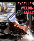 Welder using 3 In 1 135 Amp MIG Welder With Flux Core 110V IGBT Inverter, excellent welding effects shown, large LED display unit visible