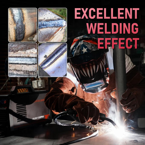 Welder using 3 In 1 135 Amp MIG Welder With Flux Core 110V IGBT Inverter, excellent welding effects shown, large LED display unit visible