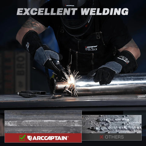 Person using 165A 4 In 1 MIG TIG MMA Welder Dual Voltage 110V 220V on metal pipe with sparks, weld quality comparison displayed.