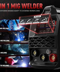 Close-up of Dual Voltage 110V 220V MIG Welder With Large LED Display showcasing 3 in 1 Flux Core MIG, Lift TIG, MMA welding functions