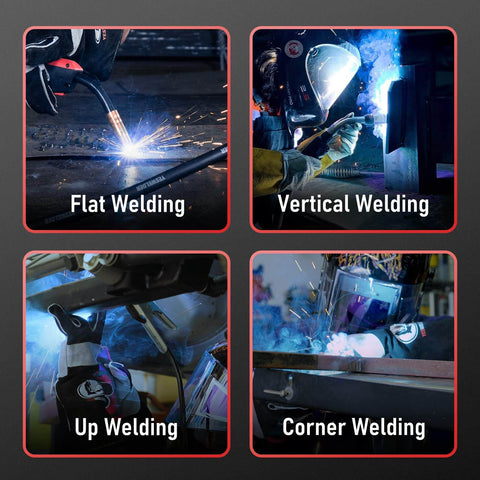 Demonstration of Stainless Steel Flux Core MIG Welding Wire 0.030 Inch E308LFC-O used in various welding positions: flat, vertical, up, corner.