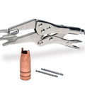 MIG Welding Torch Spot Weld Adapter Kit with forked jaw pliers and copper nozzle, duplicating full penetration OE welds from one side.