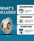 Image showing included items for ER70S-6 MIG Welding Wire PGN Solid.035 Inch 33 Pound Spool: welding wire, shrinkwrap, and box packaging.