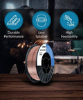 ER70S-6 Solid MIG Welding Wire.035 Inch 10 Pound Spool in workshop setting with durability and low splatter features highlighted