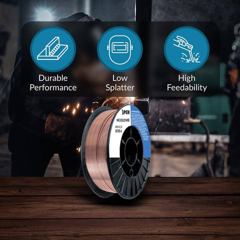 ER70S-6 Solid MIG Welding Wire.035 Inch 10 Pound Spool in workshop setting with durability and low splatter features highlighted