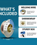 Solid ER70S-6 MIG Welding Wire For All Position Gas Welding.035 Inch, 44 Pound Spool With Low Splatter And High Deoxidizers For Easy Arc Control On Mild Steel, Shatterproof ABS Spool PGN with packaging details.