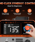 Close-up of 135A Flux Core MIG Welder 110V Gasless Portable 3 In 1 Welding Machine's LED display and control knob