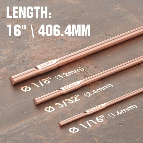 Mild Steel ER70S-6 Copper Coated Shielded Gas MIG Welding Rod For Top Notch Welds On Structural And Fabrication Projects 1 By 16 Inches 5 Lb YesWelder displayed with size options on metal background.