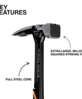 22 Ounce Milled Face Framing Hammer With Straight Claw For Precision Framing And Strong Driving Forged Steel Construction Magnetic Nail Starter And Extra Large Squared Strike Face Designed For Pro Carpentry And Rough Framing Tasks, side view with highlighted features.