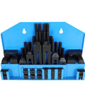 Ultimate 58Pcs Machine Fixture Clamping Kit with T-slot and thread studs arranged in blue holder for milling machines.