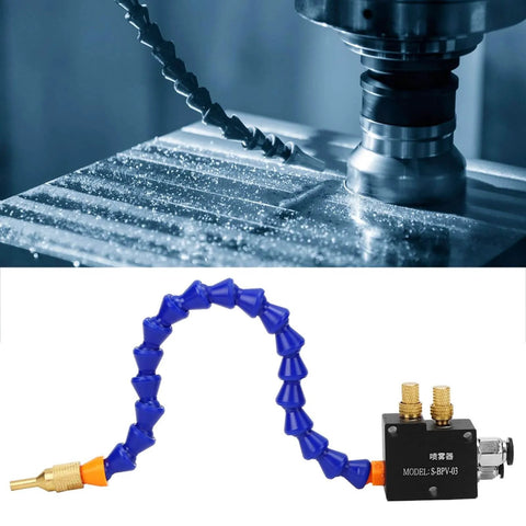 Lubrication Spray System For Milling Machines, S-BPV-03 High Efficiency Coolant Sprayer in action showing flexible nozzle and milling process