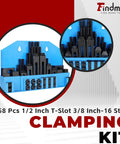 58 Piece Pro Series One Half Inch T Slot Clamp Kit With Three Eighth Inch Sixteen Thread Studs displayed on a blue background