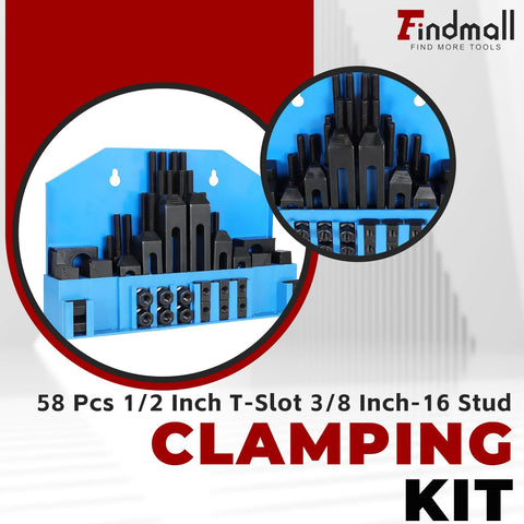 58 Piece Pro Series One Half Inch T Slot Clamp Kit With Three Eighth Inch Sixteen Thread Studs displayed on a blue background
