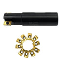 Indexable End Mill Holder With Gold Coated APMT1135PDER Carbide Inserts, 90 Degree Square Shoulder Milling Arbor, Three Quarter Inch Shank And Cutting Diameter, Includes Ten Inserts For Shoulder, Face Milling And Slotting