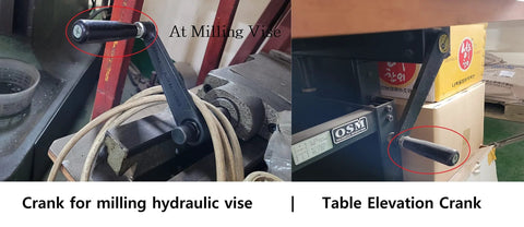Revolving Handwheel with M8 Thread P1.25, black plastic swiveling handwheel installed on milling hydraulic vise and table elevation crank.