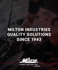 Person performing maintenance with Milton Industries text overlay "Quality Solutions Since 1943" in workshop setting.