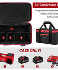 Milwaukee Air Compressor Bag keeps your M18 inflator, battery packs, and charger organized on site with a rugged tear resistant exterior.