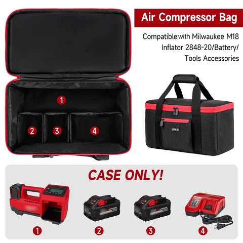 Milwaukee Air Compressor Bag keeps your M18 inflator, battery packs, and charger organized on site with a rugged tear resistant exterior.