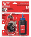 Milwaukee Chalk Line Reel Set F in packaging, includes 100 ft blue line, aluminum body, and blue chalk refill for precise layout.