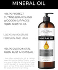 Food Grade Mineral Oil 70 Viscosity NF USP Grade 8 Fl Oz bottle and features list for cutting boards and tools care, made in the USA