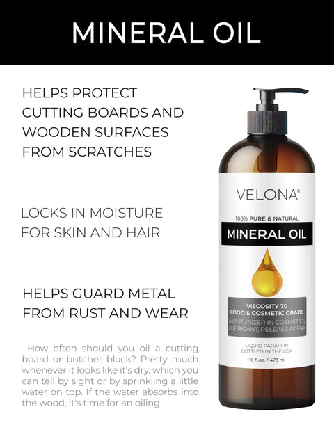 Food Grade Mineral Oil 70 Viscosity NF USP Grade 8 Fl Oz bottle and features list for cutting boards and tools care, made in the USA