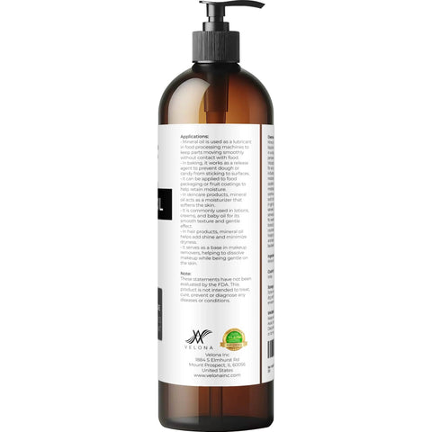 Side view of Food Grade Mineral Oil 70 Viscosity NF USP Grade 8 Fl Oz bottle with label, pump dispenser