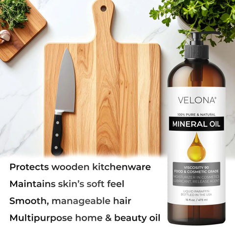 Food Grade Mineral Oil 90 Viscosity NF USP Grade For Cutting Boards Countertops Butcher Blocks Stainless Steel Knives Tools Machines And Equipment 64 Fl Oz Made In The USA Velona bottle next to a cutting board and knife