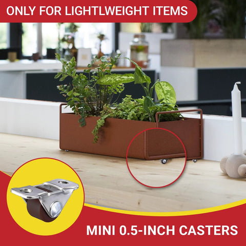 Eight Pcs Ultra Low Profile Half Inch Mini Rigid Caster Wheels Non Swivel Fixed Casters With Rubber Wheels And Steel Top Plate For Small Electronics DIY Models And Portable Devices Ideal For Sliding Drawer Systems Installing With Screws Or Adhesive supporting a planter