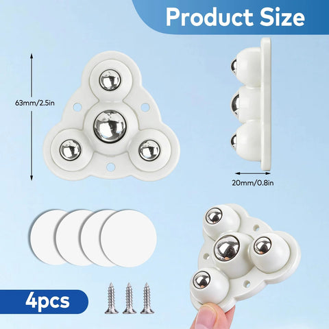 Mini Self Adhesive Caster Wheels Set Of 4 With Steel Ball Swivel Casters for light furniture, showing size and installation components.