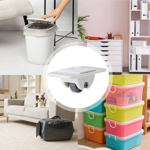 8 Pcs Mini Self Adhesive Wheels For Storage Bins And Boxes shown on colorful bins, organized shelves, and pet carrier