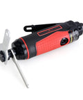 Red and black 1/4 Inch Mini Air Straight Die Grinder AP17314 with attached shield, showing ergonomic grip and safety-lock throttle.