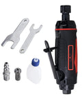 1/4 Inch Mini Air Straight Die Grinder AP17314 with accessories, 22000 RPM, handheld tool for grinding and polishing, safety throttle shown.