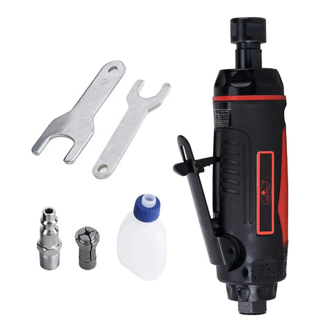 1/4 Inch Mini Air Straight Die Grinder AP17314 with accessories, 22000 RPM, handheld tool for grinding and polishing, safety throttle shown.