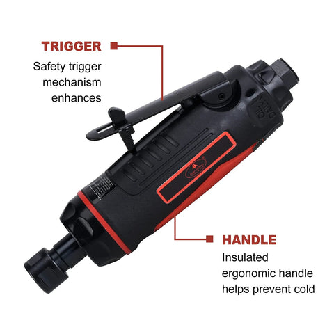 Side view of 1/4 Inch Mini Air Straight Die Grinder AP17314 with 1/4 Inch collet, showing safety trigger and ergonomic handle.