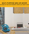 Mini Mighty 138 W Air Mover Delivers 600 CFM Centrifugal Power For Fast Carpet Drying Floors And More Stackable Daisy Chain Ready Blower For Water Damage Restoration Janitorial Plumbing And Home Use By XPOWER in a construction setting with tools and ladder