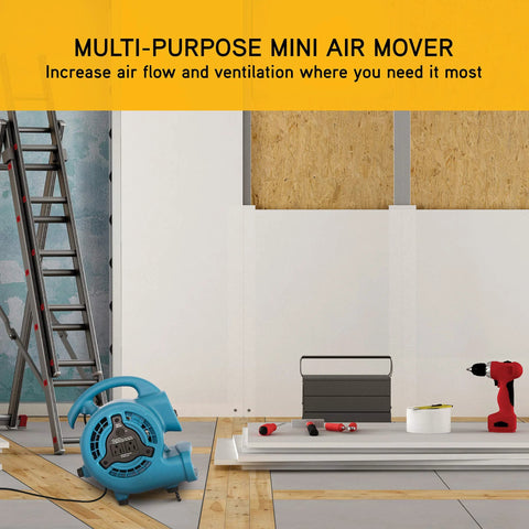 Mini Mighty 138 W Air Mover Delivers 600 CFM Centrifugal Power For Fast Carpet Drying Floors And More Stackable Daisy Chain Ready Blower For Water Damage Restoration Janitorial Plumbing And Home Use By XPOWER in a construction setting with tools and ladder