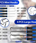 Close-up of 17 Piece Hook And Pick Set For Auto Trim Removal Kit showcasing 4 mini and 4 large hooks with sizes and angles.