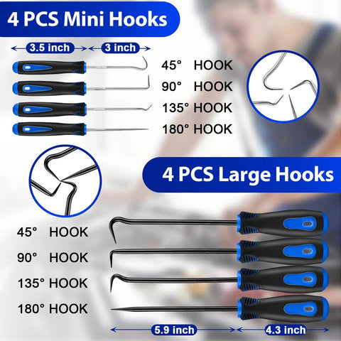 Close-up of 17 Piece Hook And Pick Set For Auto Trim Removal Kit showcasing 4 mini and 4 large hooks with sizes and angles.