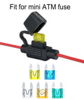 Waterproof Mini Inline Fuse Holder with 20 gauge wire 12 inch leads shown with ATM blade small fuses and IP65 dustproof cap