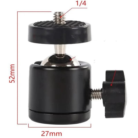 Close-up of black mini ball head mount with 1/4 inch thread, dimensions marked, part of Three Pack Mini Ball Head Mounts with 360 Degree Rotation.