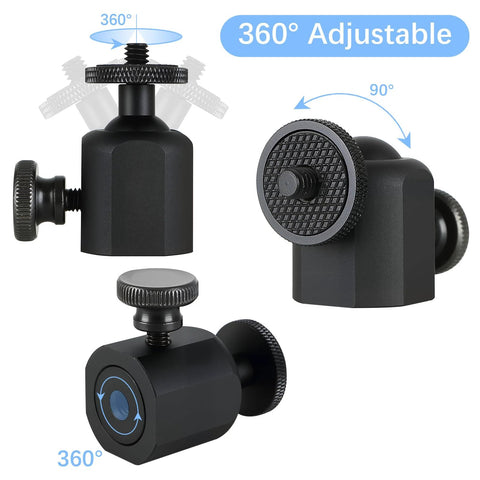 2 Pack Mini Ball Heads With One Quarter Inch Mounting Screw, 360 Degree Horizontal Rotation And 90 Degree Tilt, shown in black aluminum