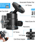 Diagram of a Two Pack Mini Ball Heads with 360 Degree Pan and 135 Degree Tilt, featuring metal knobs and cold shoe adapters for camera use.