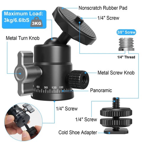 Diagram of a Two Pack Mini Ball Heads with 360 Degree Pan and 135 Degree Tilt, featuring metal knobs and cold shoe adapters for camera use.
