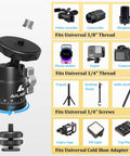 Mini Ball Head For Tripods With 360 Degree Panoramic Rotation And 135 Degree Tilt showing universal screw adapters and mounts