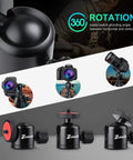 Mini Ball Head With 1/4 Inch And 3/8 Inch Screw Mount For Cameras DSLRs Monopods Sliders And Tripods, close-up of design and use.