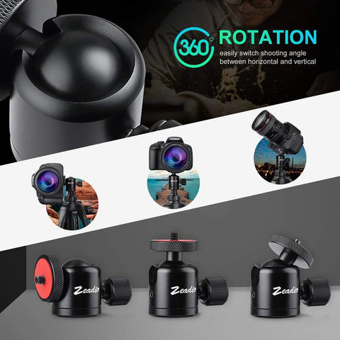 Mini Ball Head With 1/4 Inch And 3/8 Inch Screw Mount For Cameras DSLRs Monopods Sliders And Tripods, close-up of design and use.
